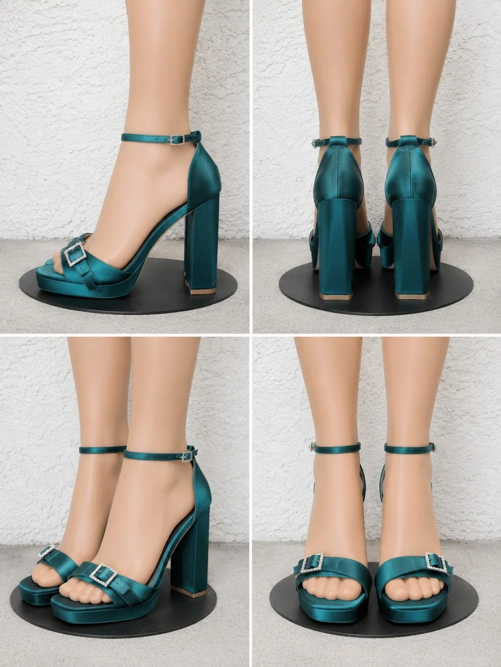 Emerald Satin Block Heel Sandals with Ankle Strap